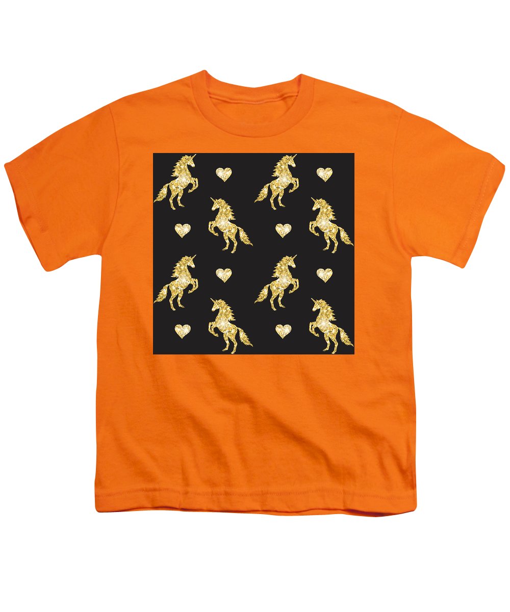 Vector seamless pattern of golden glitter unicorn silhouette isolated on black background - Youth T-Shirt