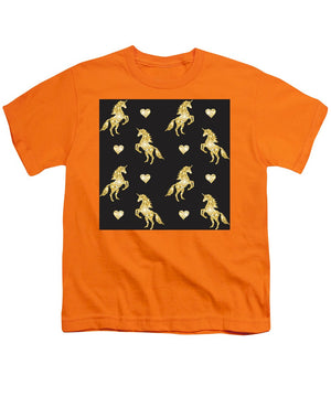 Vector seamless pattern of golden glitter unicorn silhouette isolated on black background - Youth T-Shirt