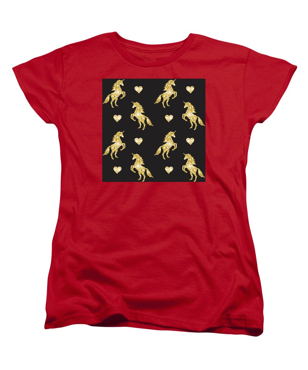 Vector seamless pattern of golden glitter unicorn silhouette isolated on black background - Women's T-Shirt (Standard Fit)