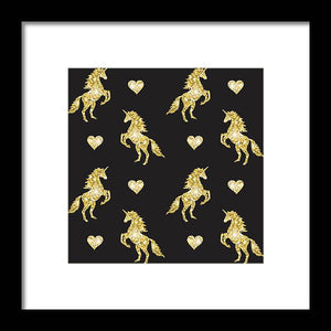 Vector seamless pattern of golden glitter unicorn silhouette isolated on black background - Framed Print