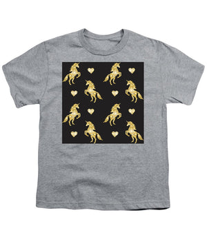Vector seamless pattern of golden glitter unicorn silhouette isolated on black background - Youth T-Shirt