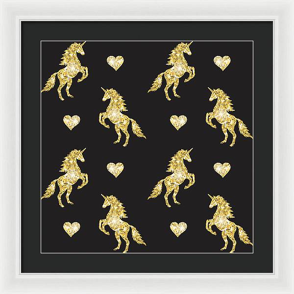 Vector seamless pattern of golden glitter unicorn silhouette isolated on black background - Framed Print