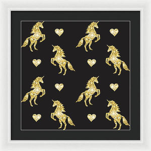 Vector seamless pattern of golden glitter unicorn silhouette isolated on black background - Framed Print