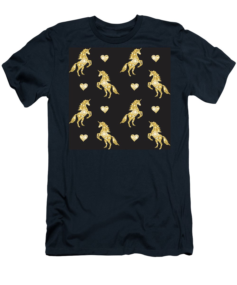 Vector seamless pattern of golden glitter unicorn silhouette isolated on black background - T-Shirt