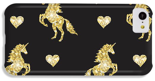 Vector seamless pattern of golden glitter unicorn silhouette isolated on black background - Phone Case