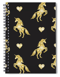 Vector seamless pattern of golden glitter unicorn silhouette isolated on black background - Spiral Notebook