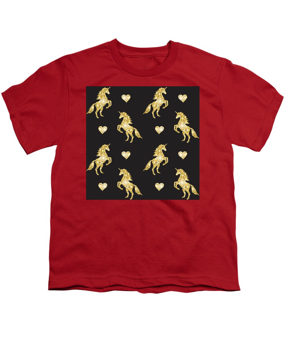 Vector seamless pattern of golden glitter unicorn silhouette isolated on black background - Youth T-Shirt