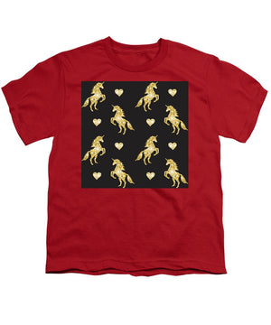 Vector seamless pattern of golden glitter unicorn silhouette isolated on black background - Youth T-Shirt
