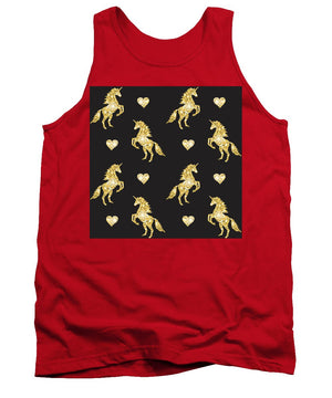 Vector seamless pattern of golden glitter unicorn silhouette isolated on black background - Tank Top