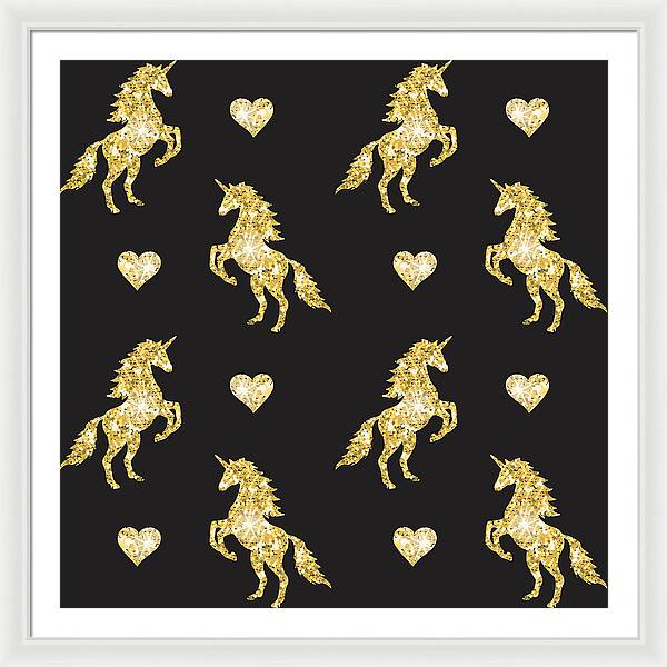 Vector seamless pattern of golden glitter unicorn silhouette isolated on black background - Framed Print