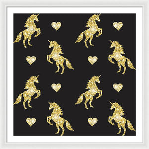 Vector seamless pattern of golden glitter unicorn silhouette isolated on black background - Framed Print