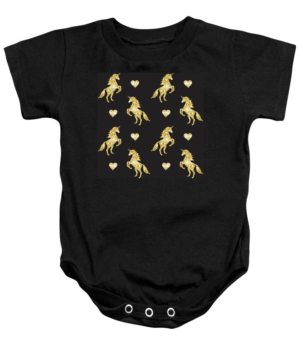 Vector seamless pattern of golden glitter unicorn silhouette isolated on black background - Baby Onesie
