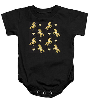 Vector seamless pattern of golden glitter unicorn silhouette isolated on black background - Baby Onesie