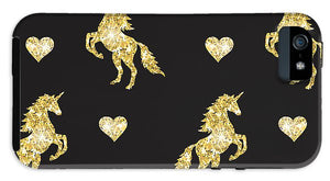 Vector seamless pattern of golden glitter unicorn silhouette isolated on black background - Phone Case