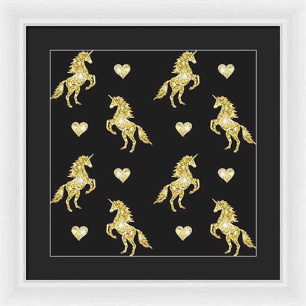 Vector seamless pattern of golden glitter unicorn silhouette isolated on black background - Framed Print
