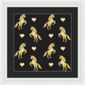 Vector seamless pattern of golden glitter unicorn silhouette isolated on black background - Framed Print