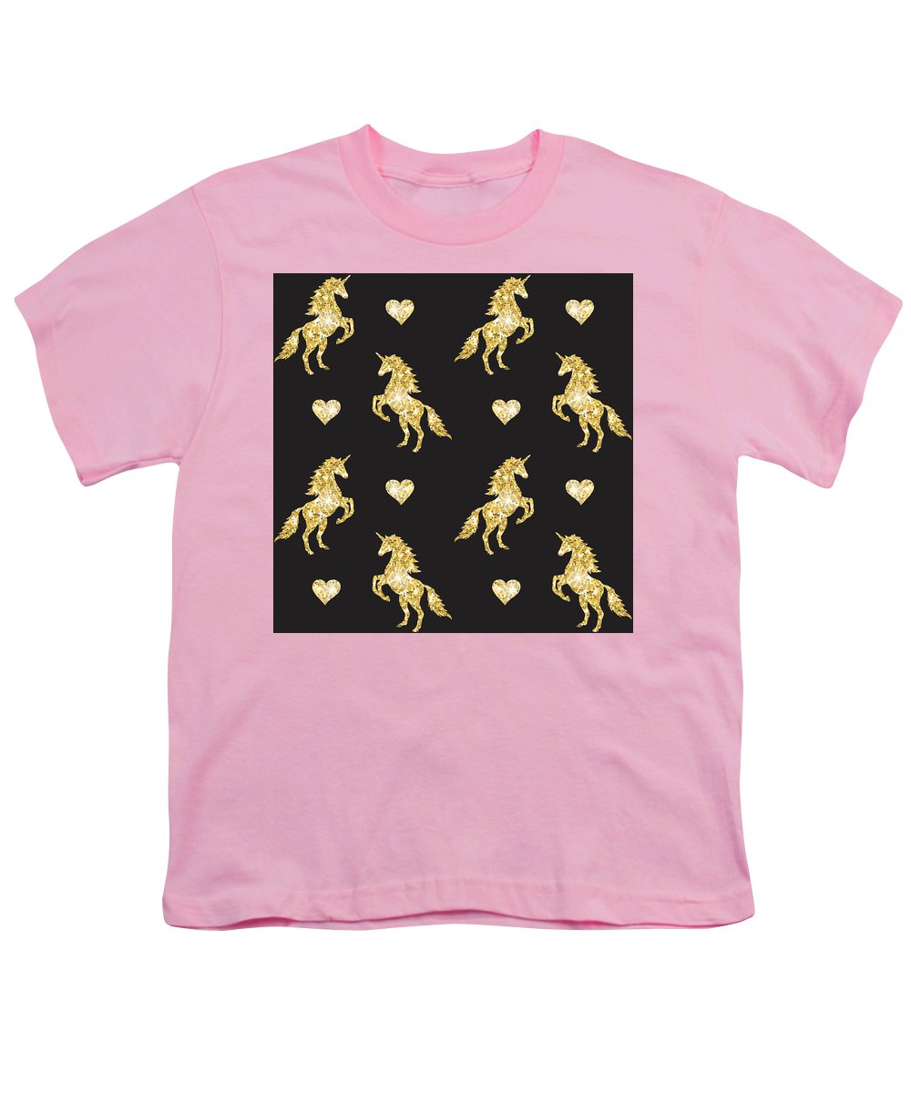 Vector seamless pattern of golden glitter unicorn silhouette isolated on black background - Youth T-Shirt