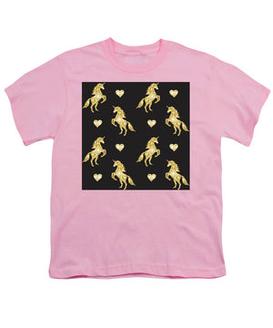 Vector seamless pattern of golden glitter unicorn silhouette isolated on black background - Youth T-Shirt