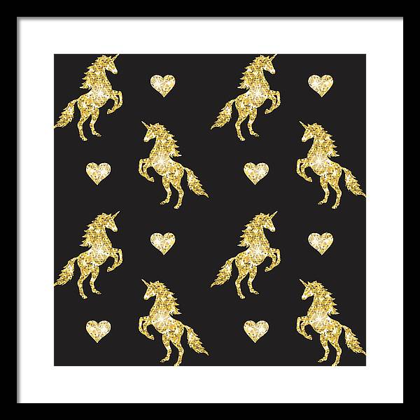 Vector seamless pattern of golden glitter unicorn silhouette isolated on black background - Framed Print