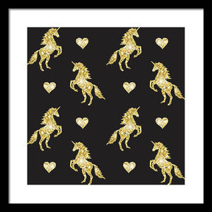 Vector seamless pattern of golden glitter unicorn silhouette isolated on black background - Framed Print