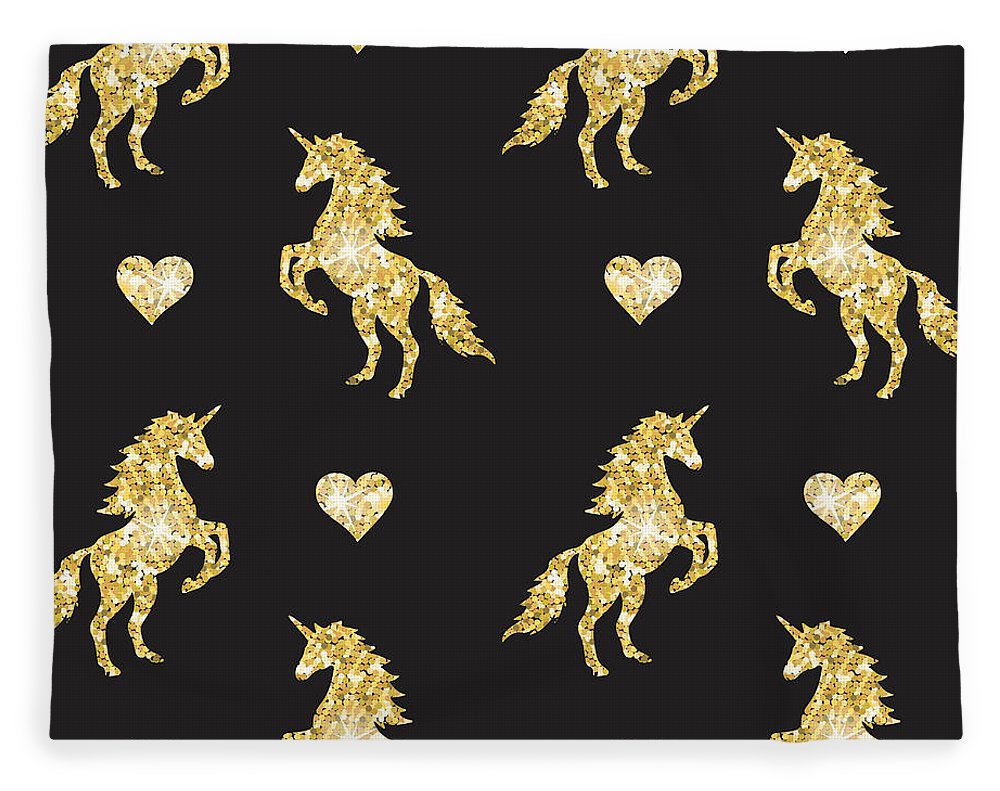 Vector seamless pattern of golden glitter unicorn silhouette isolated on black background - Blanket