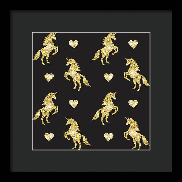 Vector seamless pattern of golden glitter unicorn silhouette isolated on black background - Framed Print