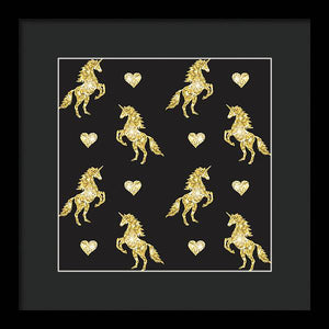 Vector seamless pattern of golden glitter unicorn silhouette isolated on black background - Framed Print