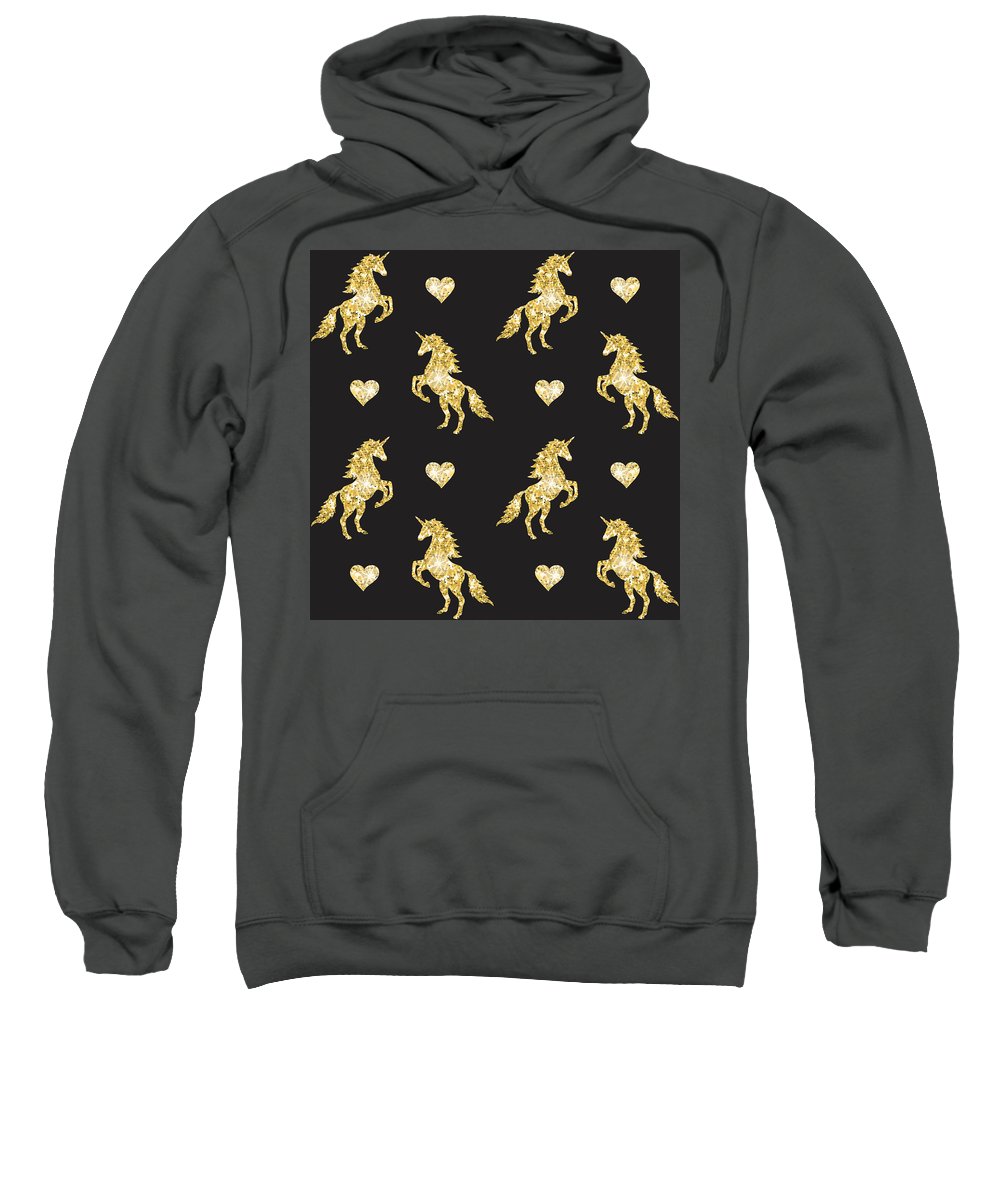 Vector seamless pattern of golden glitter unicorn silhouette isolated on black background - Sweatshirt