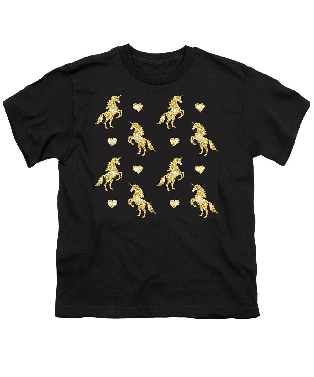 Vector seamless pattern of golden glitter unicorn silhouette isolated on black background - Youth T-Shirt