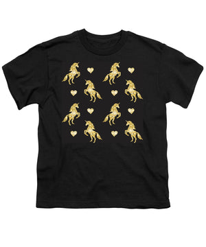 Vector seamless pattern of golden glitter unicorn silhouette isolated on black background - Youth T-Shirt