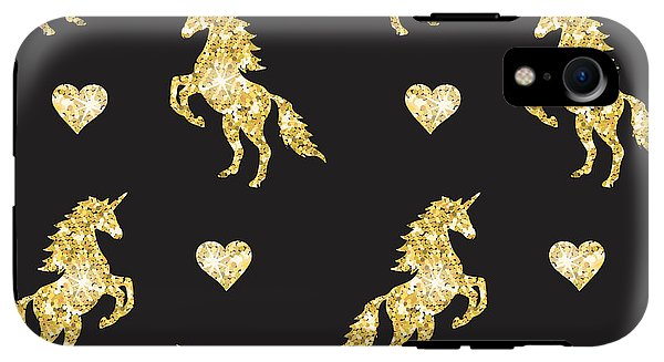Vector seamless pattern of golden glitter unicorn silhouette isolated on black background - Phone Case
