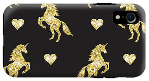 Vector seamless pattern of golden glitter unicorn silhouette isolated on black background - Phone Case