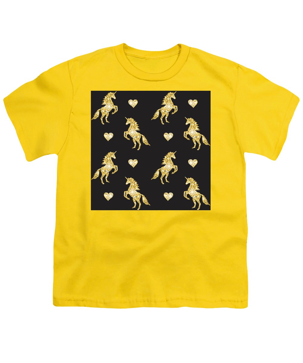 Vector seamless pattern of golden glitter unicorn silhouette isolated on black background - Youth T-Shirt