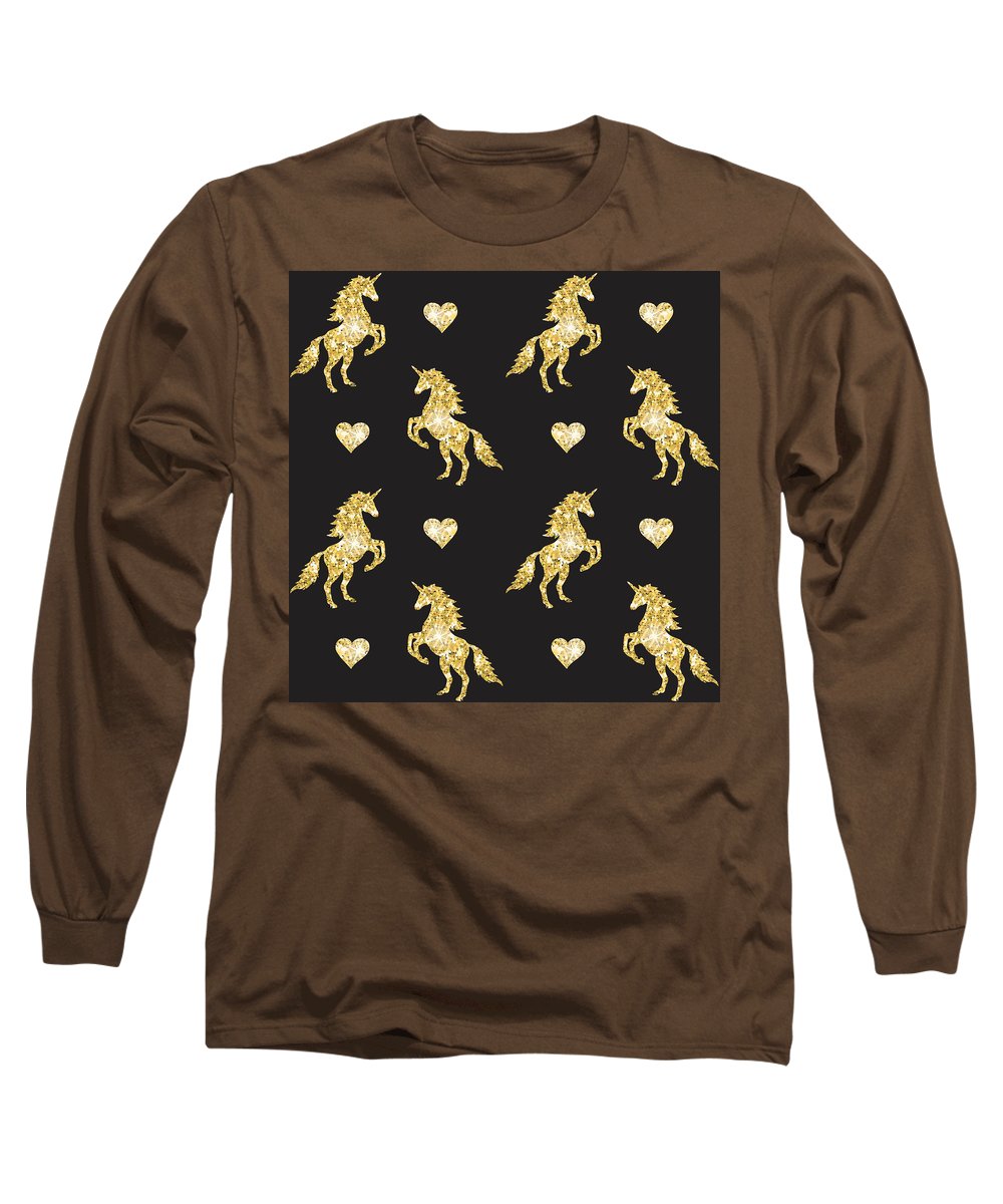Vector seamless pattern of golden glitter unicorn silhouette isolated on black background - Long Sleeve T-Shirt