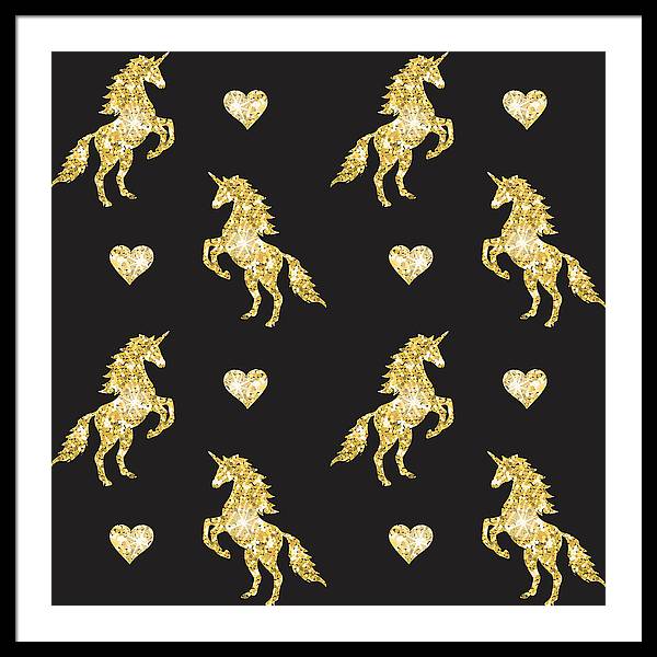 Vector seamless pattern of golden glitter unicorn silhouette isolated on black background - Framed Print