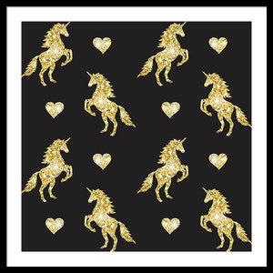 Vector seamless pattern of golden glitter unicorn silhouette isolated on black background - Framed Print