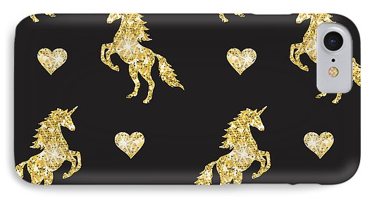 Vector seamless pattern of golden glitter unicorn silhouette isolated on black background - Phone Case