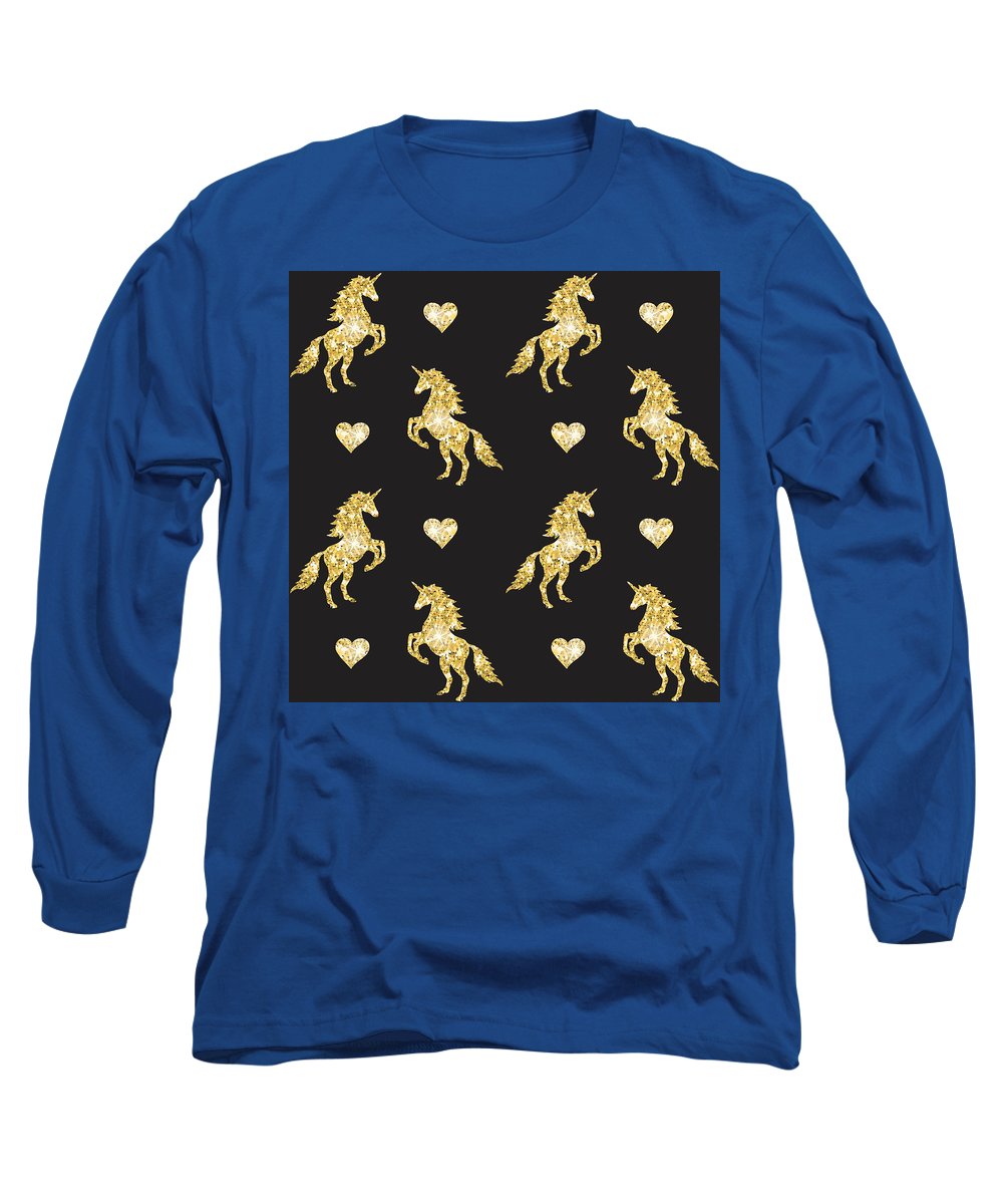 Vector seamless pattern of golden glitter unicorn silhouette isolated on black background - Long Sleeve T-Shirt