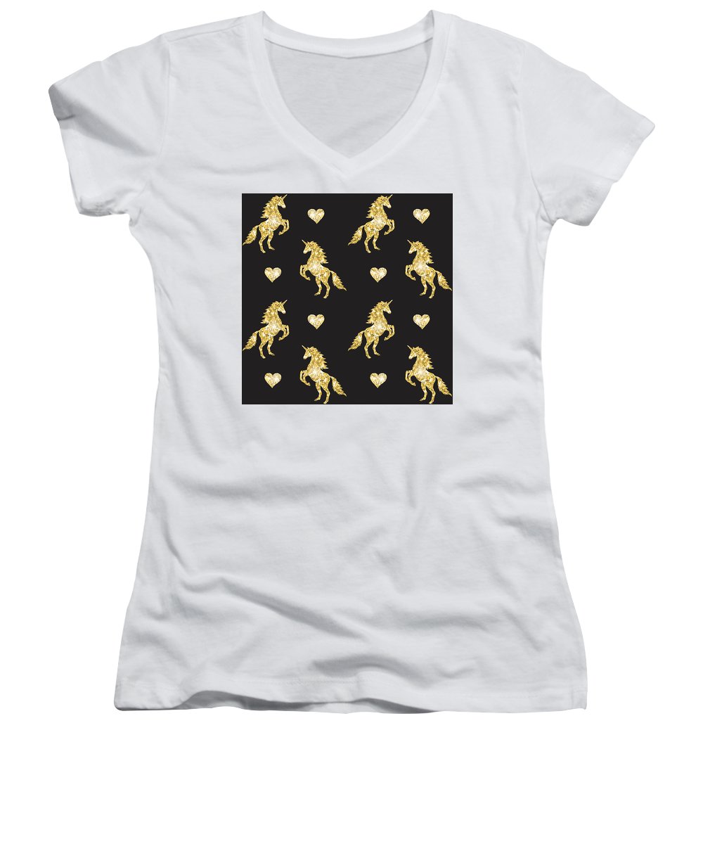 Vector seamless pattern of golden glitter unicorn silhouette isolated on black background - Women's V-Neck