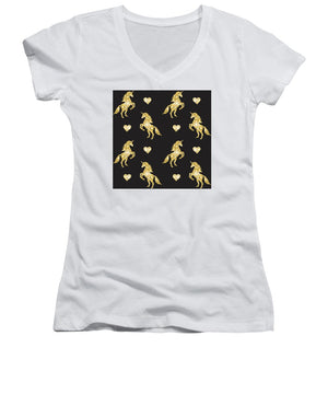 Vector seamless pattern of golden glitter unicorn silhouette isolated on black background - Women's V-Neck
