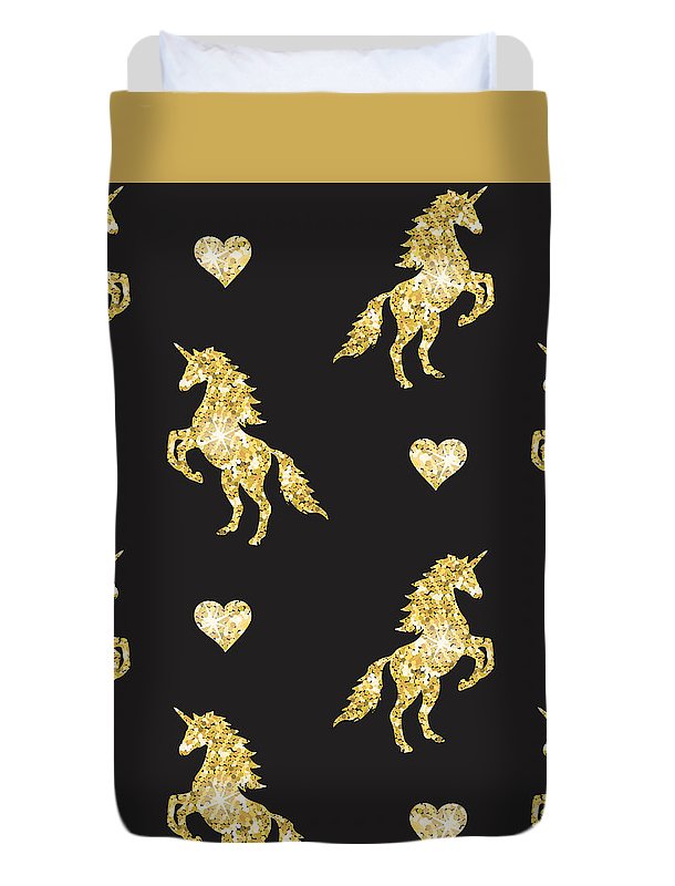 Vector seamless pattern of golden glitter unicorn silhouette isolated on black background - Duvet Cover