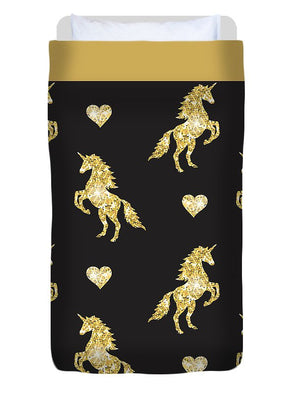 Vector seamless pattern of golden glitter unicorn silhouette isolated on black background - Duvet Cover