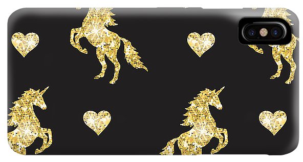 Vector seamless pattern of golden glitter unicorn silhouette isolated on black background - Phone Case