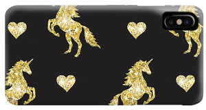 Vector seamless pattern of golden glitter unicorn silhouette isolated on black background - Phone Case