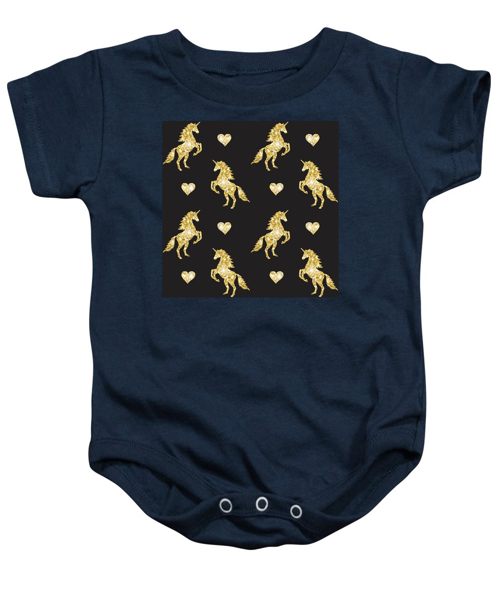 Vector seamless pattern of golden glitter unicorn silhouette isolated on black background - Baby Onesie