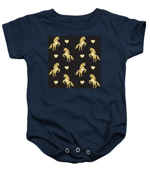 Vector seamless pattern of golden glitter unicorn silhouette isolated on black background - Baby Onesie