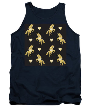 Vector seamless pattern of golden glitter unicorn silhouette isolated on black background - Tank Top