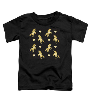 Vector seamless pattern of golden glitter unicorn silhouette isolated on black background - Toddler T-Shirt