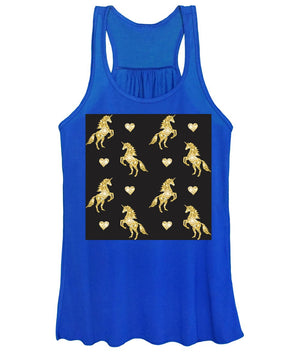 Vector seamless pattern of golden glitter unicorn silhouette isolated on black background - Women's Tank Top