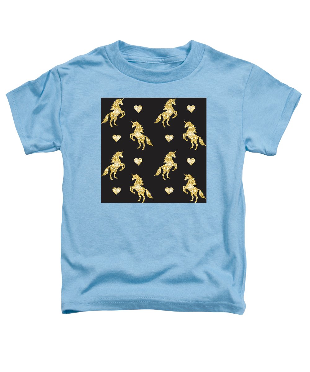 Vector seamless pattern of golden glitter unicorn silhouette isolated on black background - Toddler T-Shirt